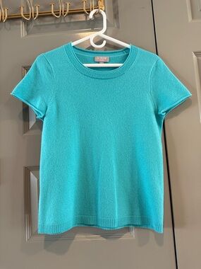 J. Crew Short Sleeve Cashmere Crewneck Sweater Tee Top in Aqua Blue